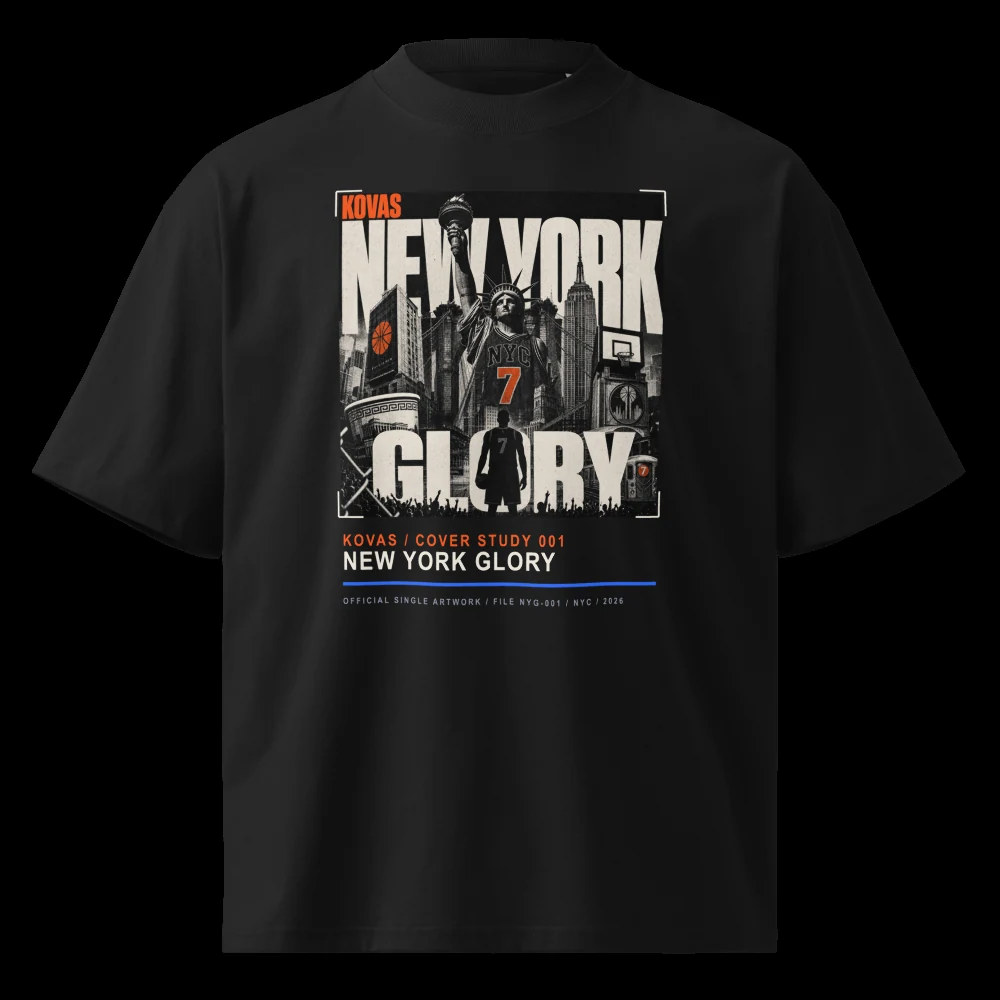 Cover Study 001 — the New York Glory single cover as an archival front print, oversized high-neck tee, black