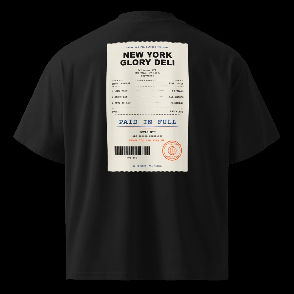 New York Glory Deli receipt back print — oversized high-neck tee, black